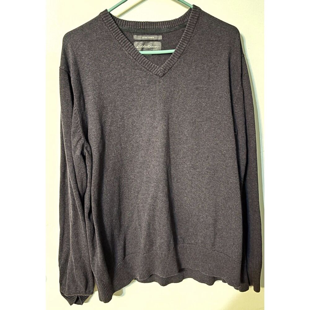 Eddie Bauer Cotton Cashmere V-Neck Sweater Men's XL Gray Blue Soft Luxury Blend